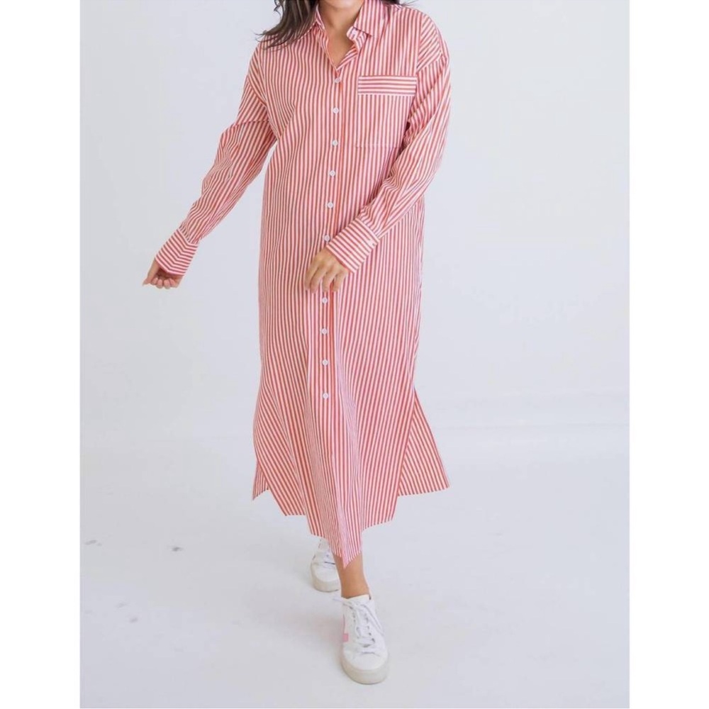NWT KARLIE stripe poplin pocket maxi shirt dress in red Small
